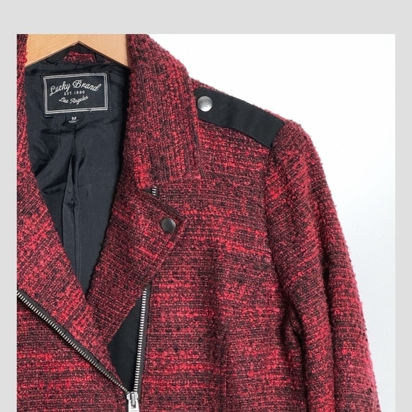 Lucky Brand Blazer Jacket Red Black Boucle Fabric Longer Length Silver Hardware - Picture 6 of 12